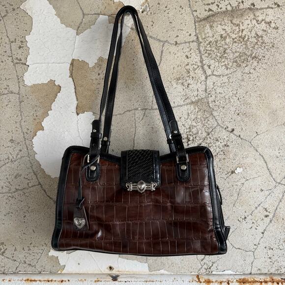 M.C. Croc Embossed Shoulder Bag Woven Flap Heart Charm Black Brown Satchel Purse - Picture 2 of 14